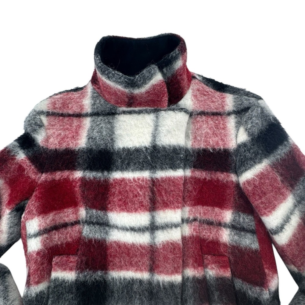Zara Wool Mohair Jacket Maroon/Black/White Plaid‎ Asymmetric Snap Close Womens S - Picture 10 of 12